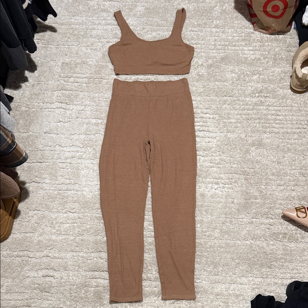 Women's waffle knit Tan Pants & Crop Top Set